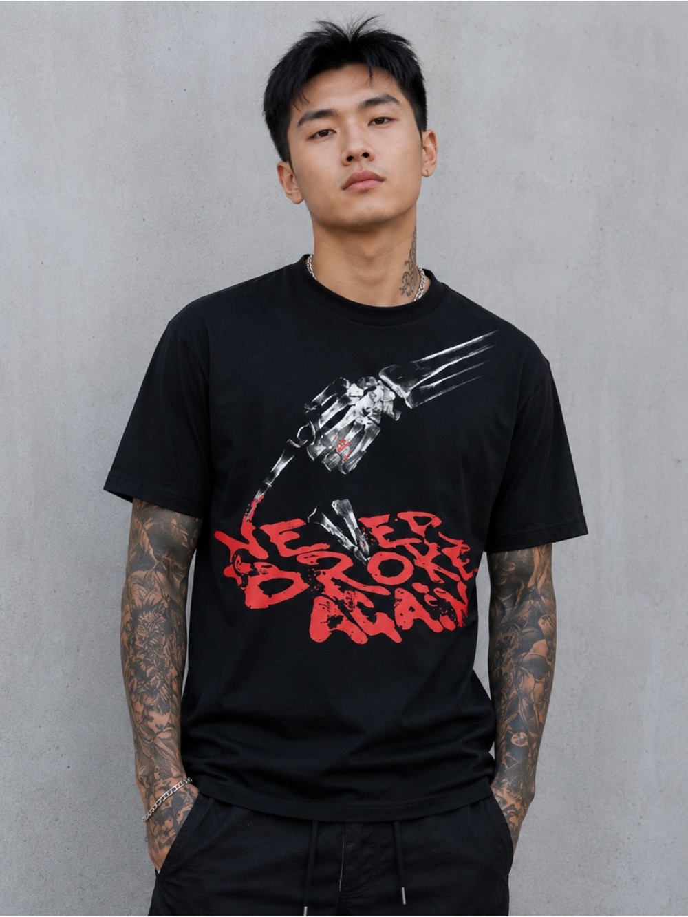 VLONE Black Short-Sleeve Graphic Tee with Red Print